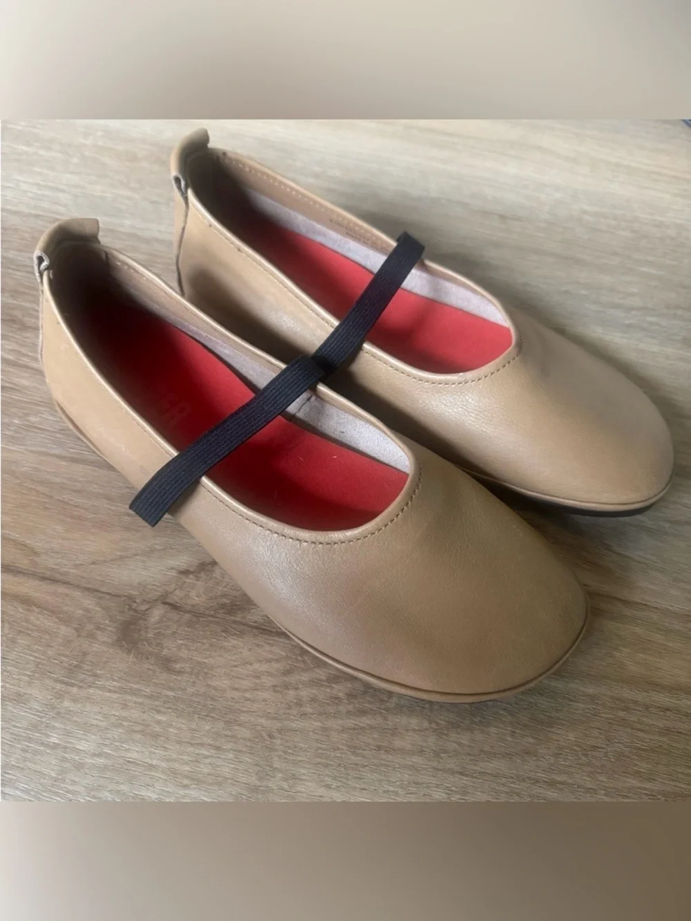 Camper Tan Leather Mary Jane Flats with Black Strap and Red Insole